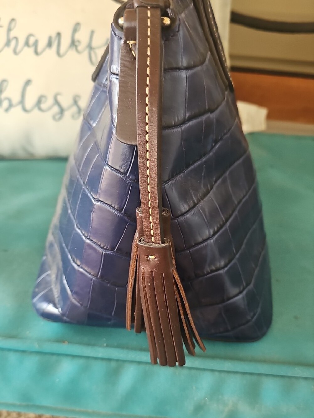 Dooney & Bourke Navy Croc-Embossed Tote with Brown Trim - Picture 3 of 8